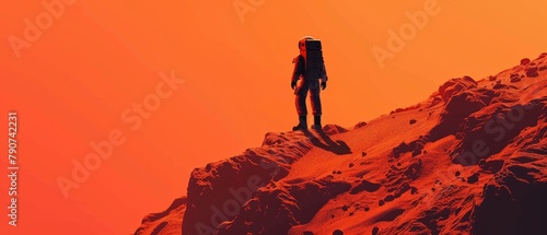 Astronaut Standing on the Rocky Mountains of the Alien Red Planet/Mars. First Manned Mission to Mars. Space Exploration, Colonization.