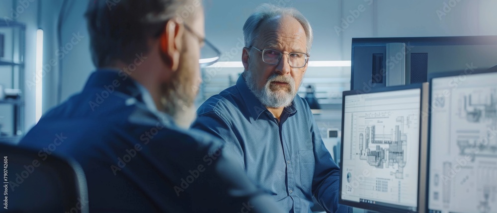 Obraz premium The industrial designer discusses CAD program using two monitors while he designs a new component. He is working on a personal computer with two monitors.