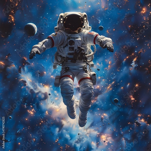 Lone Astronaut Floating in the Boundless Expanse of the Cosmos the Earth Suspended as a Breathtaking Blue Marble Against the Infinite Cosmic Canvas