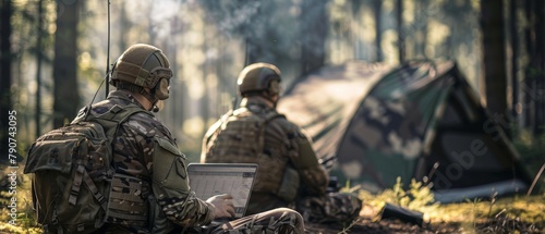 Soldiers using a military grade laptop to target enemy with a satellite. A camouflaged tent stands in the background. photo