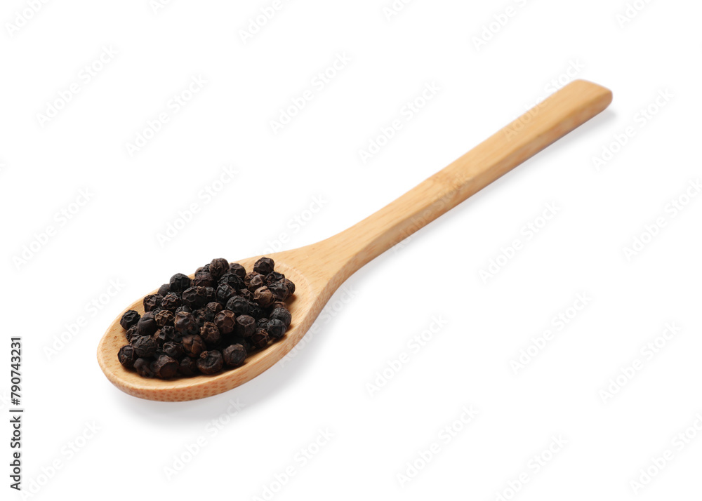 Aromatic spice. Many black peppercorns in spoon isolated on white Aromatic spice. Many black peppercorns in spoon isolated on white