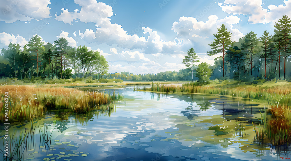 Wetland Revival: AR-Integrated Watercolor Painting Chronicles Ecosystem Rehabilitation - obrazy, fototapety, plakaty 