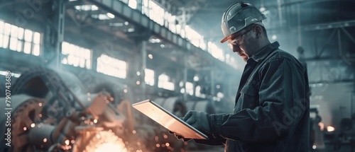 Engineer in glasses using tablet PC in foundry. Industrial setting.