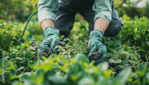 Person in green gloves kneels in garden planting terrestrial plants photo