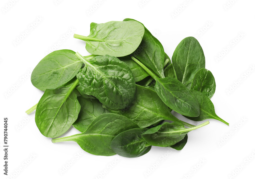 Pile of fresh spinach leaves isolated on white, top view Pile of fresh spinach leaves isolated on white, top view
