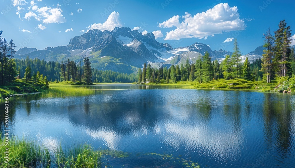 Lake surrounded by trees, with mountains and sky in the background Lake surrounded by trees, with mountains and sky in the background