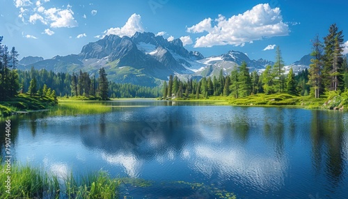 Lake surrounded by trees, with mountains and sky in the background