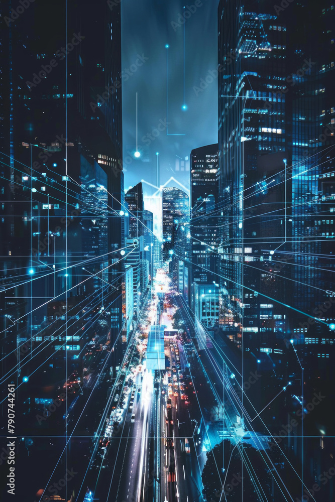 Fototapeta premium A sleek, futuristic cityscape with shimmering skyscrapers reaching towards a digital sky for technology background