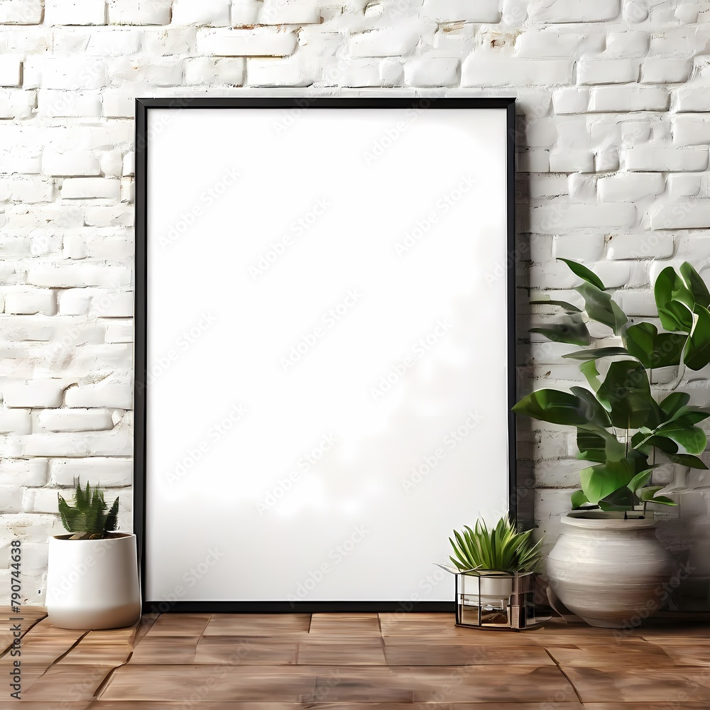 Blank picture vertical frame mockup on a stone white brick wall, boho style, modern, minimalist Blank picture vertical frame mockup on a stone white brick wall, boho style, modern, minimalist