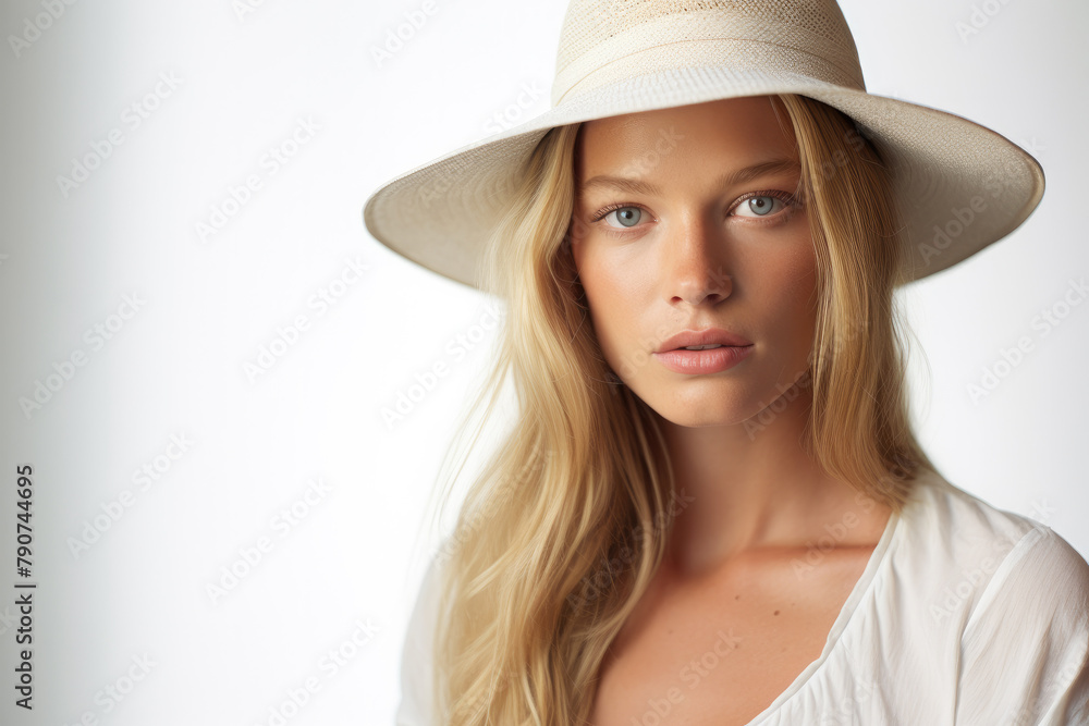 Serene Attractive Young Blonde Woman in Sun Hat Against White Background Serene Attractive Young Blonde Woman in Sun Hat Against White Background
