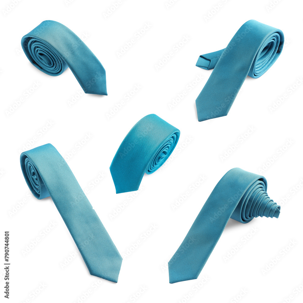 Light blue tie isolated on white, collage. Stylish accessory Light blue tie isolated on white, collage. Stylish accessory