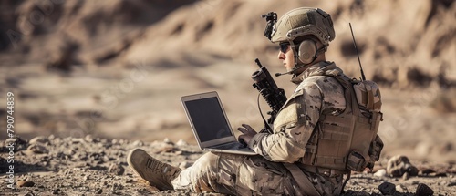 The soldier communicates during military operations in the desert using his laptop computer and radio.