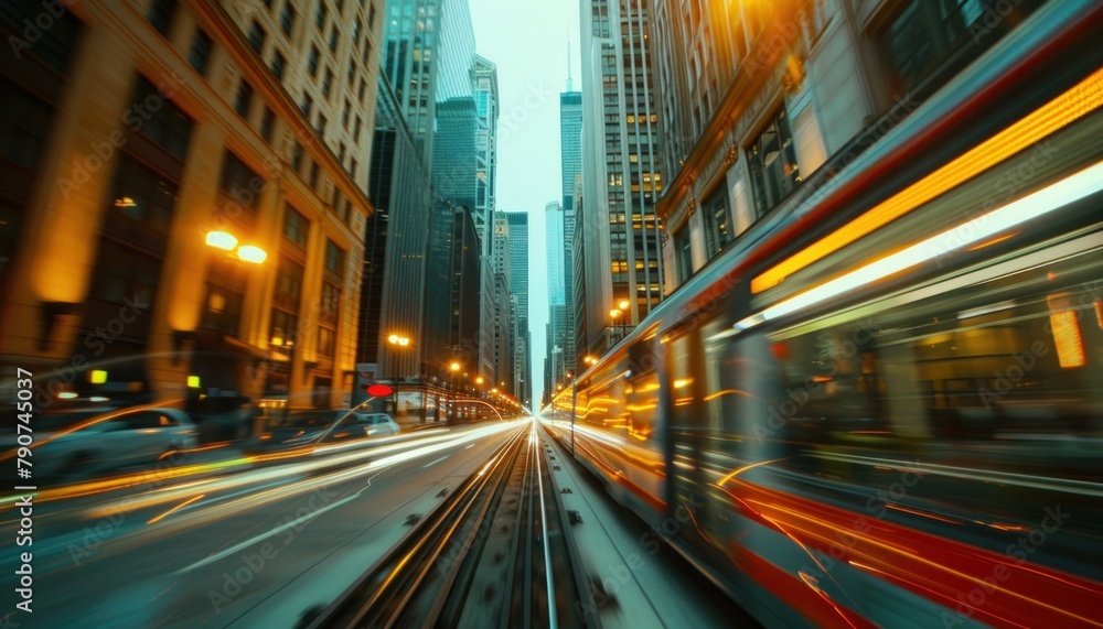 Obraz premium a train is going down the tracks in a city at night