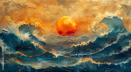Seaside Mosaic: Decoupage Sunset Seascape Infuses Watercolor Canvas with Dynamic Energy