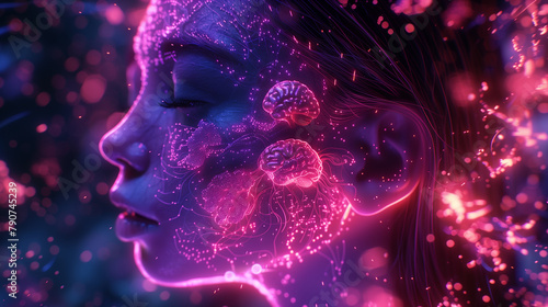Female brains lives dreams in a fairy with neon style. photo