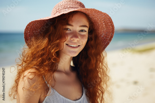  Smiling Teenage Redhead Girl with Sunhat on Sunny Beach 