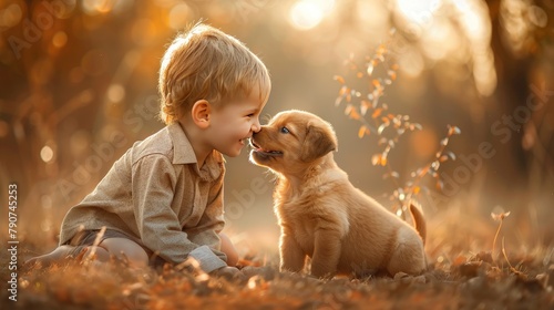 Little boy giggling as he plays with a puppy