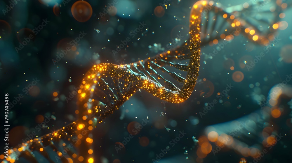 3D Rendering of a Glowing DNA Molecular genomes structure concept of biochemistry 3D Rendering of a Glowing DNA Molecular genomes structure concept of biochemistry