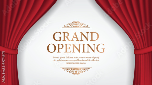 Realistic grand opening invitation banner with red curtains, golden elements and 3d editable text effect