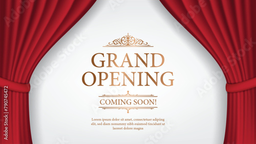 Realistic grand opening invitation banner with red curtains, golden elements and 3d editable text effect