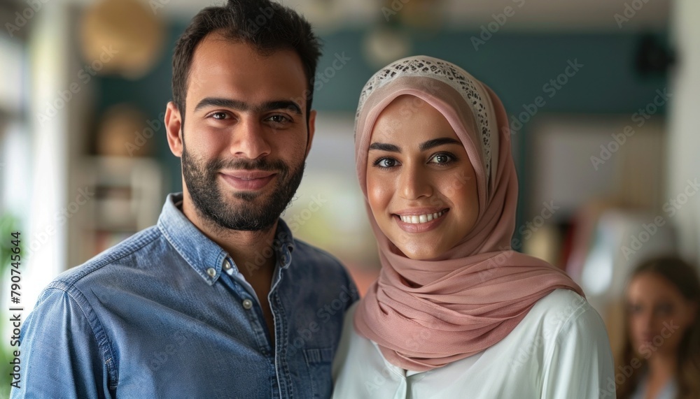 a man and a woman are posing for a picture together . the woman is wearing a hijab a man and a woman are posing for a picture together . the woman is wearing a hijab