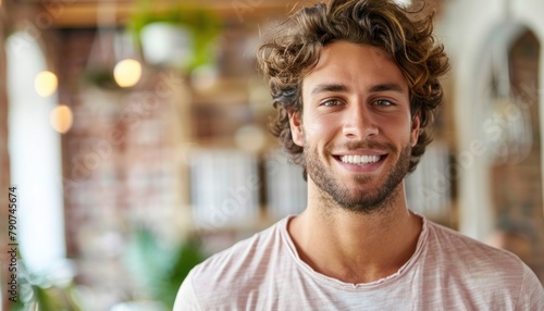 A happy man with curly hair and a beard is smiling for the camera