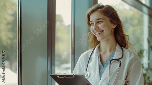 Cheerful millennial lady doctor in white coat, with stethoscope and clipboard standing next to window at clinic, hospital, copy space. Medical exam, health care consultation, prescription