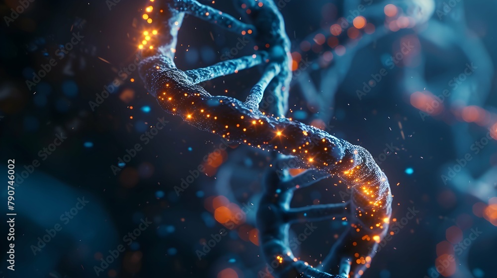 3D Rendering of a Glowing DNA Molecular genomes structure concept of biochemistry 3D Rendering of a Glowing DNA Molecular genomes structure concept of biochemistry