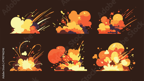 Cartoon explosion animation effect set with smoke.