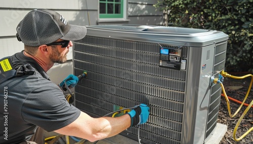 Man fixing air conditioner outside house, wearing hat photo