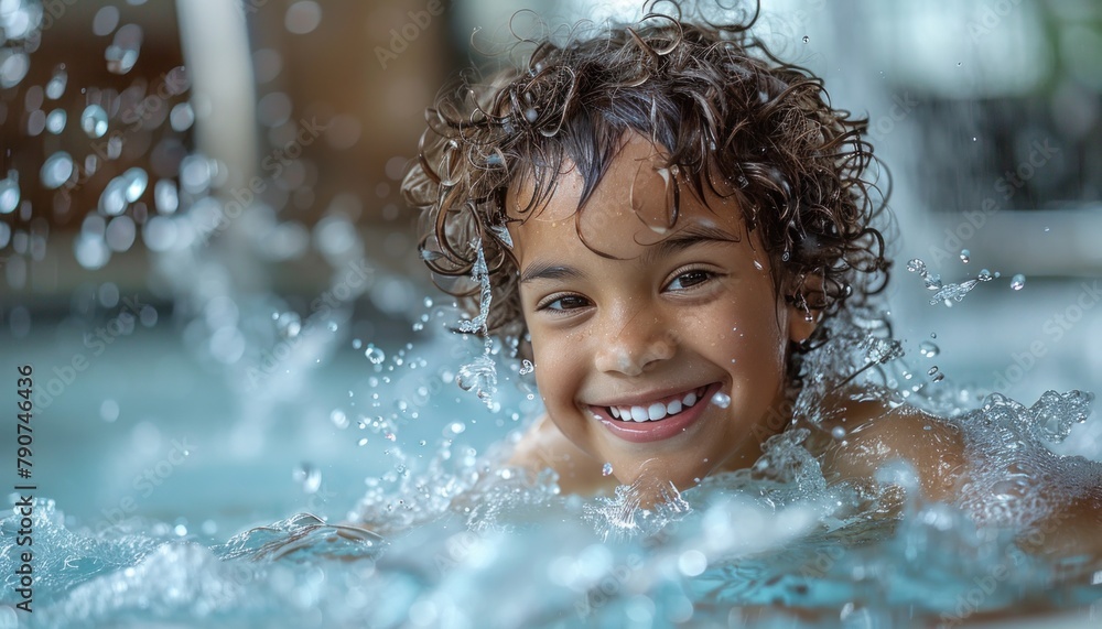 Obraz premium Toddler happily swimming in pool, laughing and having fun in the water