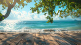 A peaceful perspective of a tropical beach from a sunlit wooden deck framed by overhanging branches and leaves.