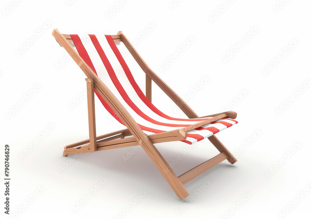 A wooden beach chair with red and white stripes on a white background