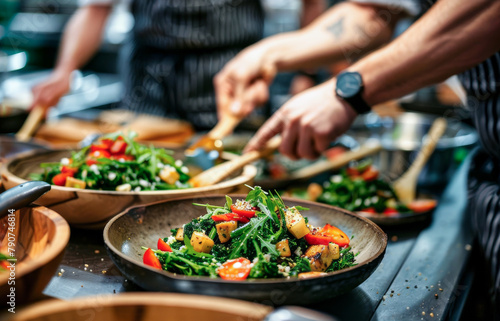 A chef are preparing a variety of salads in a kitchen