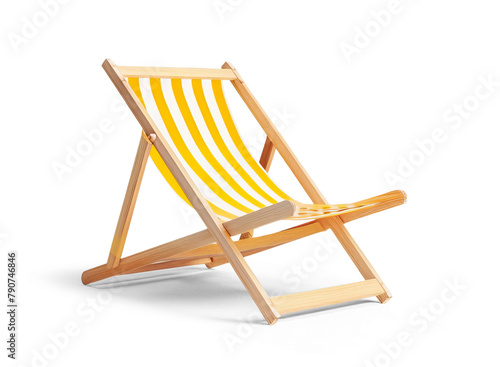 A wooden beach chair with yellow and white stripes on a white background