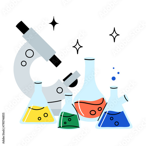 Laboratory equipment. Lab glassware. Chemical reagents in glass bottles and rest tubes and flasks. Medical scientific research tools. Doodle drawing. Vector cartoon flat style isolated illustration