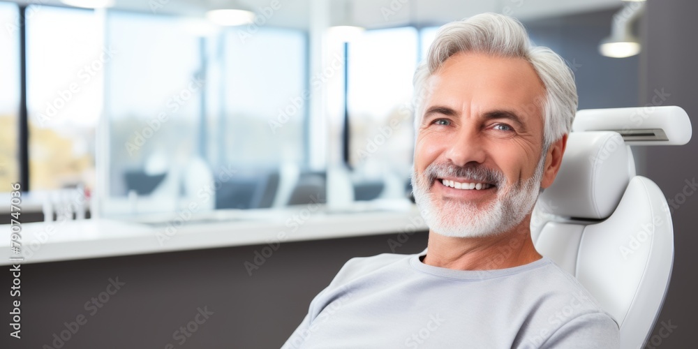 The snow-white smile of a middle-aged man in the dentist’s office. Generative AI. The snow-white smile of a middle-aged man in the dentist’s office. Generative AI.