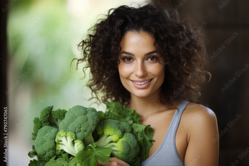 Woman have fun holding gluten-free organic green vegetable. Healthy nutrition. Generative AI. Woman have fun holding gluten-free organic green vegetable. Healthy nutrition. Generative AI.