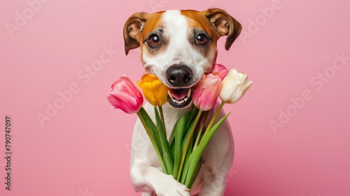 Dog holding a bouquet of tulips in his teeth on a pink background. Spring card for Valentine's Day, Women's Day, Birthday, Wedding #790747097