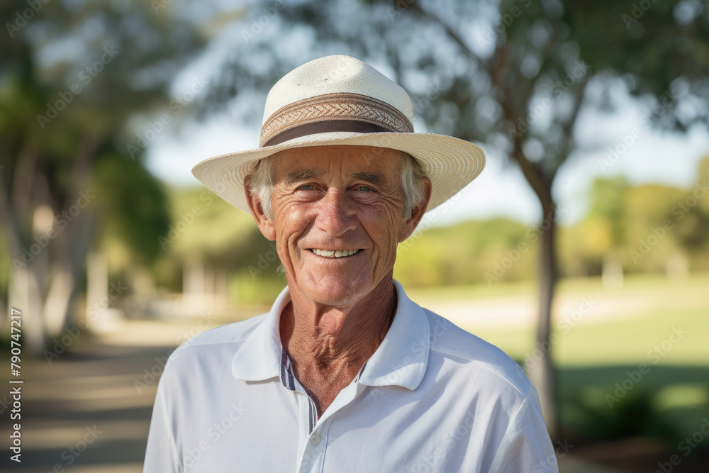 Smiling Senior Man in White Panama Hat at the Park