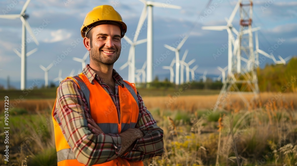 Engineer standing in a field at a wind farm Engineer standing in a field at a wind farm