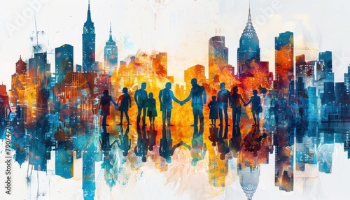 Artistic city skyline painting with people holding hands in front of skyscrapers