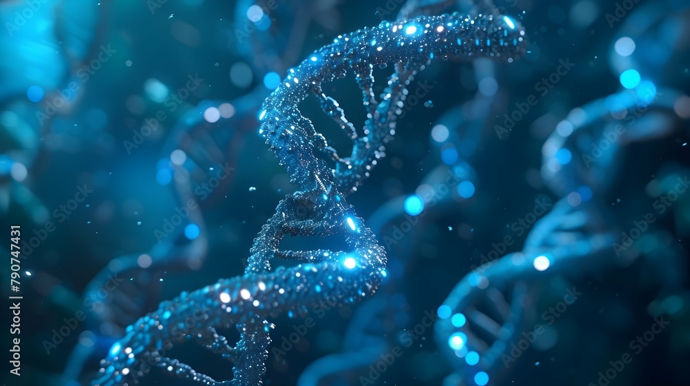 3D Rendering of a Glowing DNA Molecular genomes structure concept of biochemistry 3D Rendering of a Glowing DNA Molecular genomes structure concept of biochemistry