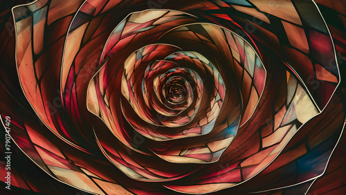 A stained glass vortex shaped like a rose. Each swirling petal displays intricate details. The ambiance exudes perfectionism and enigma.