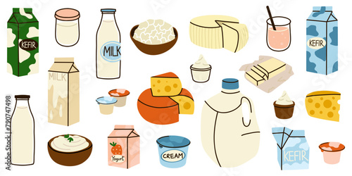 Dairy products set. Milk, kefir and yogurt in cardboard packaging containers, glass bottle. Different cheese, butter and cream. Organic farm healthy food. Vector cartoon flat isolated illustration