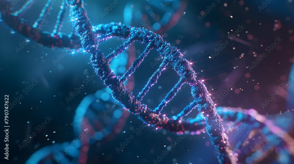 3D Rendering of a Glowing DNA Molecular genomes structure concept of biochemistry