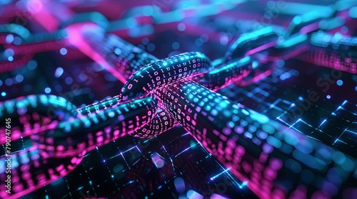 A vibrant visualization of a cryptographic blockchain network with interconnected chains and digital binary codes. photo