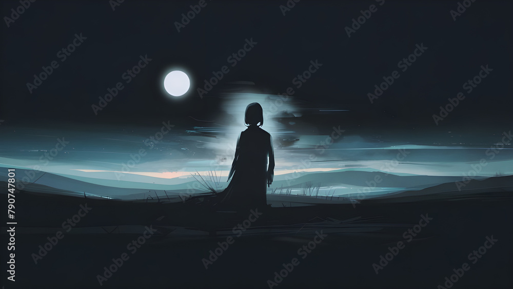 Concept of solitude, insignificance, introspection, and contemplation. A silhouette against the horizon evoking solitude and insignificance. The serene scene brings introspection and contemplation
