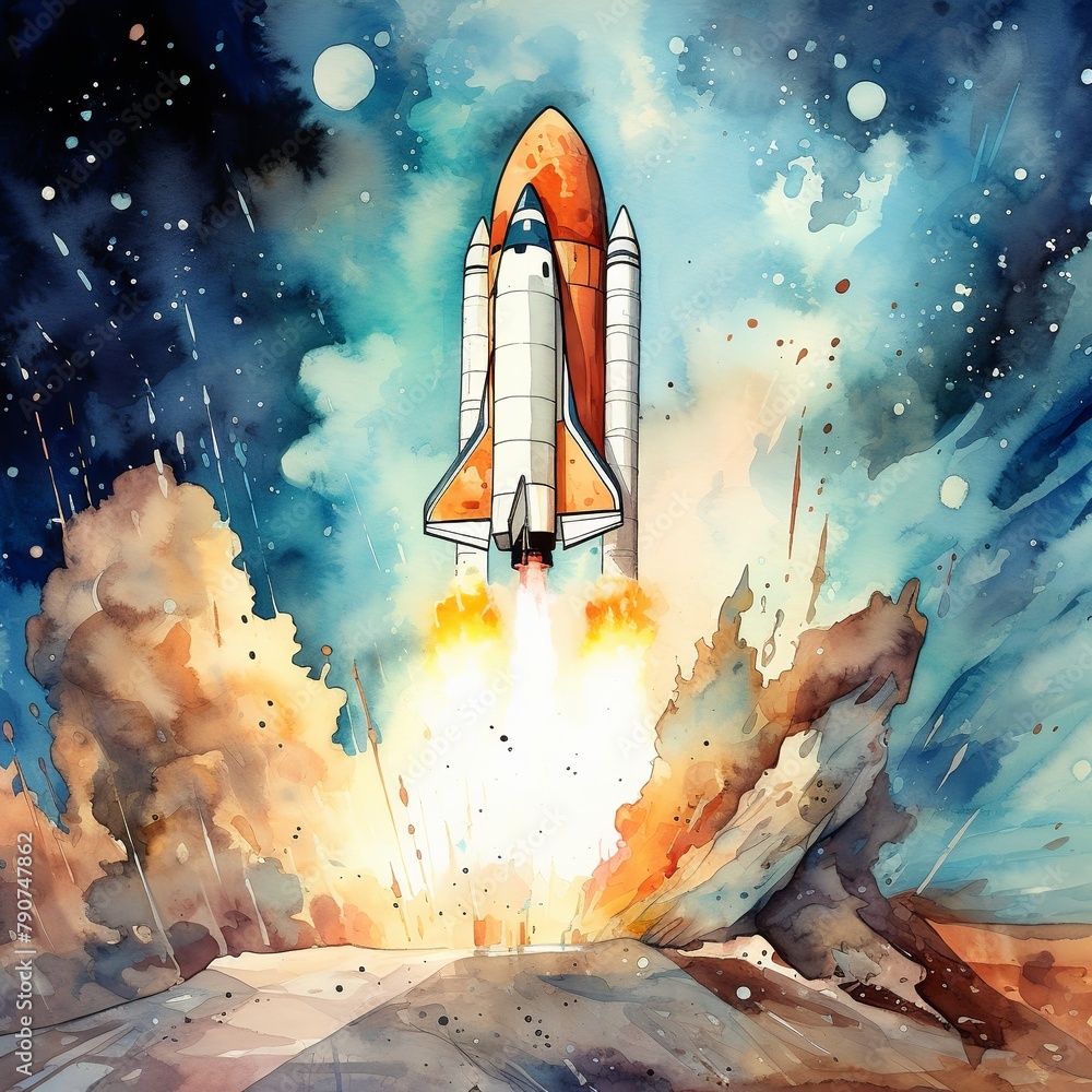illustration of rocket launchin into space watercolor, Generative ai