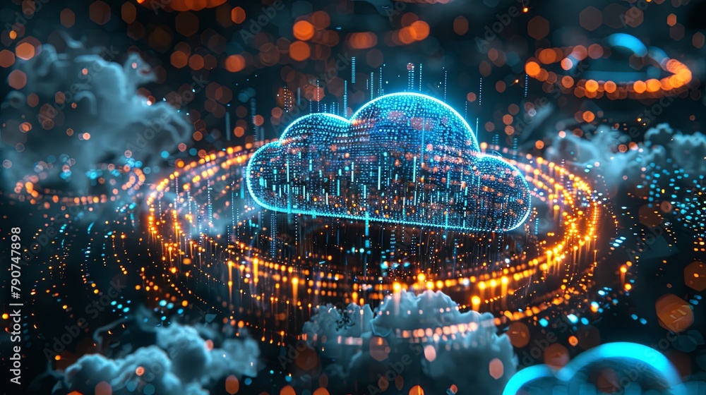 Futuristic visualization of a glowing data cloud amidst digital ...